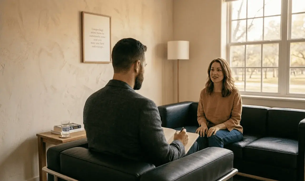 mujer en una sesión de terapia en un ambiente tranquilo y calido