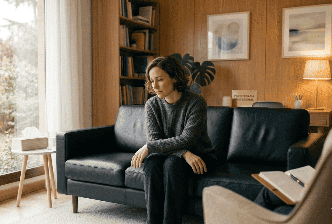 mujer reflexjva en una sesion de terapia individual en guadalajara